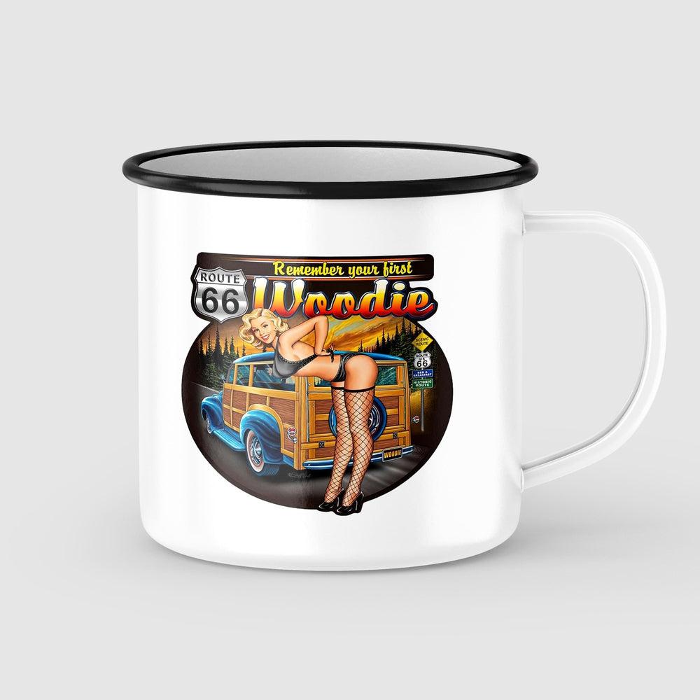 Route 66 Woodie Pin-Up Vintage Emaljekrus-Krus-Vintage Garage-Garage Culture Shop- garage - man cave - merchandise