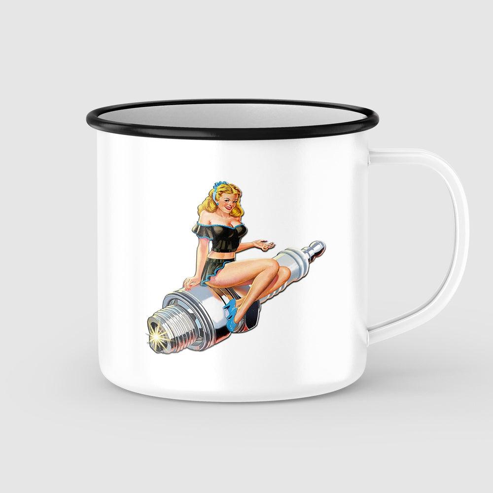 Spark Plug Pin-Up Vintage Emaljekrus-Krus-Vintage Garage-Garage Culture Shop- garage - man cave - merchandise