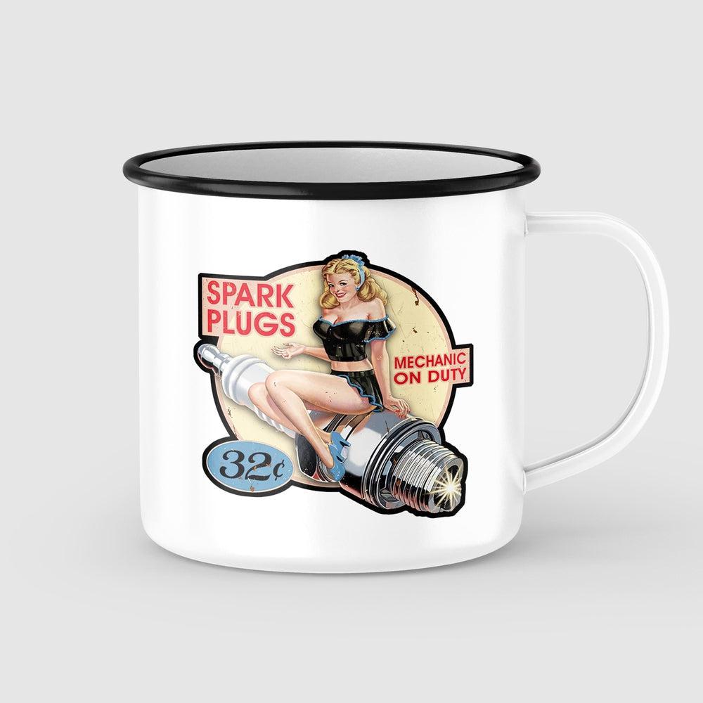 Spark Plugs Mechanic Pin-Up Vintage Emaljekrus-Krus-Vintage Garage-Garage Culture Shop- garage - man cave - merchandise