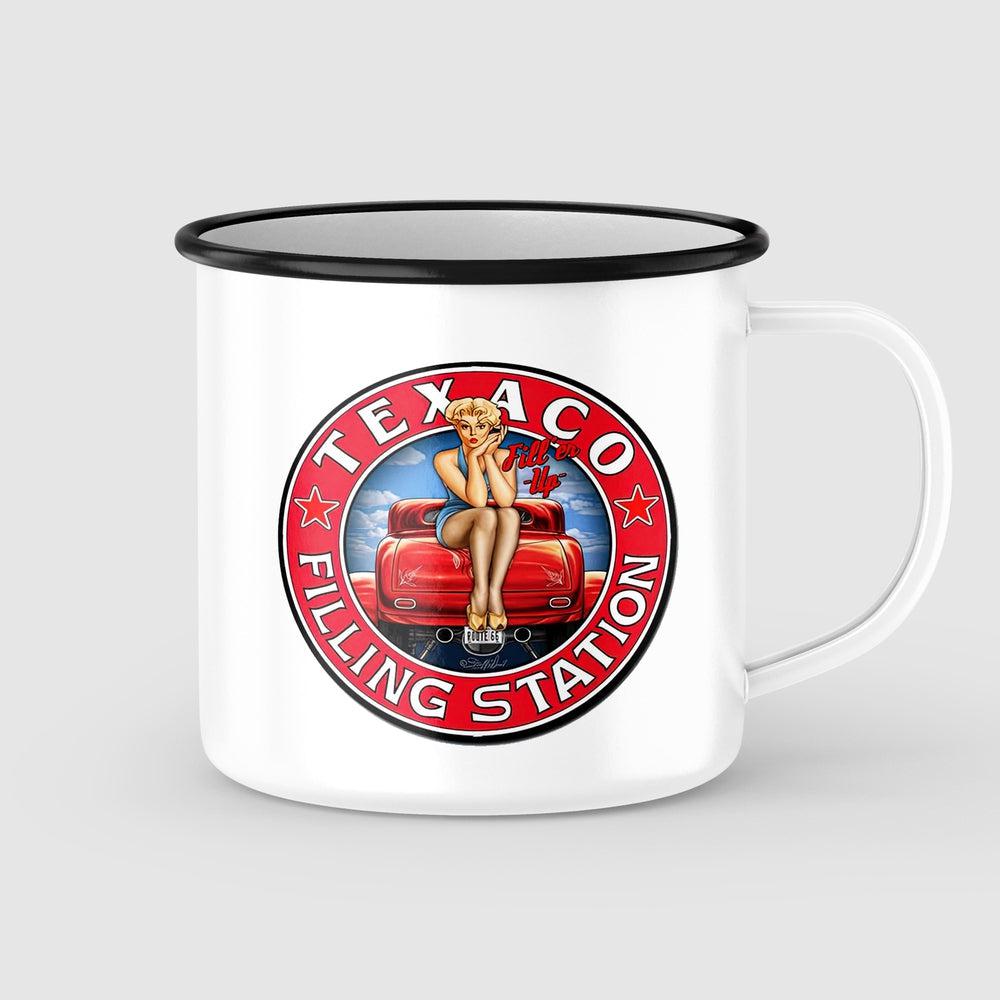 Texaco Filling Station Pin-Up Vintage Emaljekrus-Krus-Vintage Garage-Garage Culture Shop- garage - man cave - merchandise