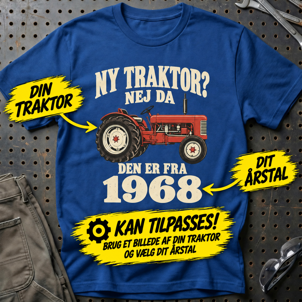 Personlig – Ny traktor? Nej da – T-shirt med dit årstal