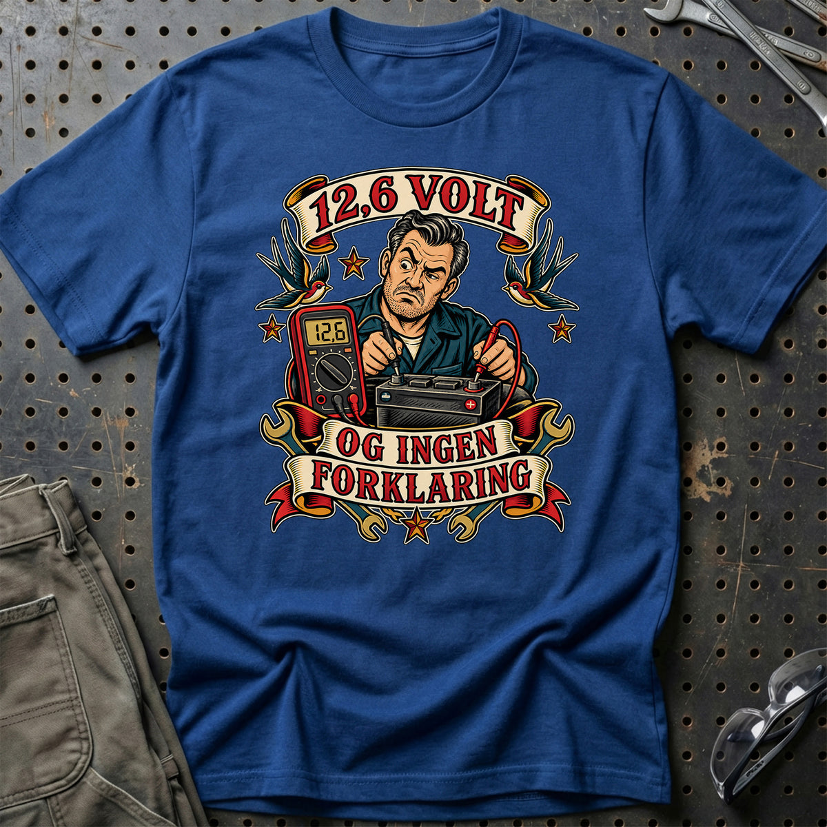 
12,6 volt – Og ingen forklaring – Unisex T-Shirt – Blå Royal