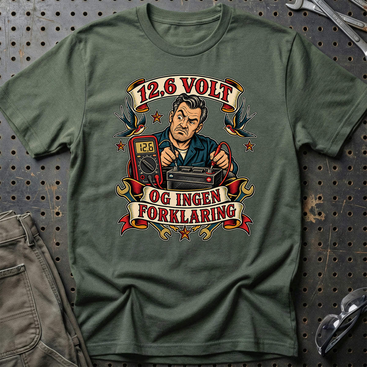 
12,6 volt – Og ingen forklaring – Unisex T-Shirt – Grøn Militær