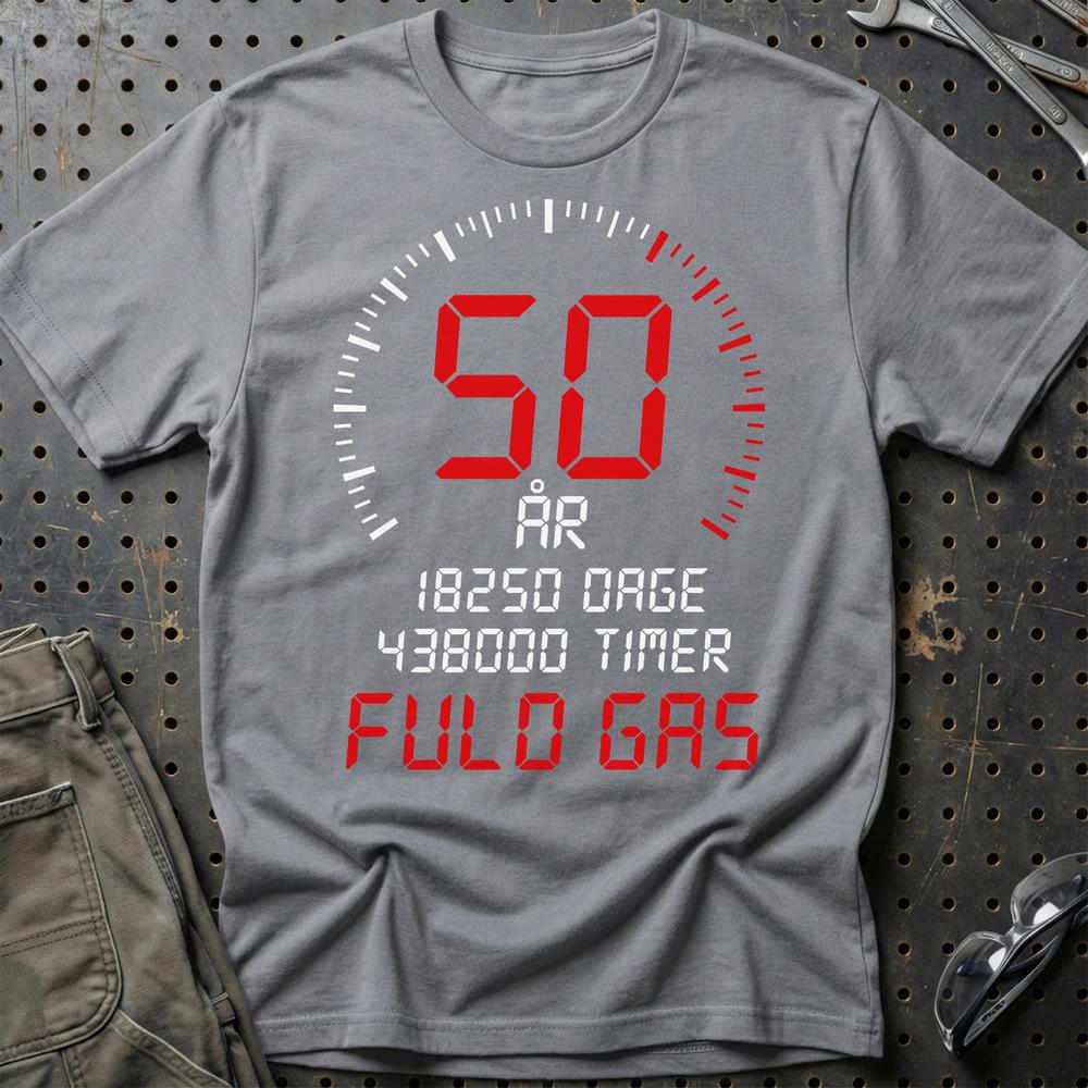 50 År Fuld Gas T-shirt – Sjov 50-års Fødselsdagsgave til Bilfan - Unisex T-Shirt , Bomuld-Beklædning-Garage Culture-Grå Sport-S-Garage Culture Shop- garage - man cave - merchandise