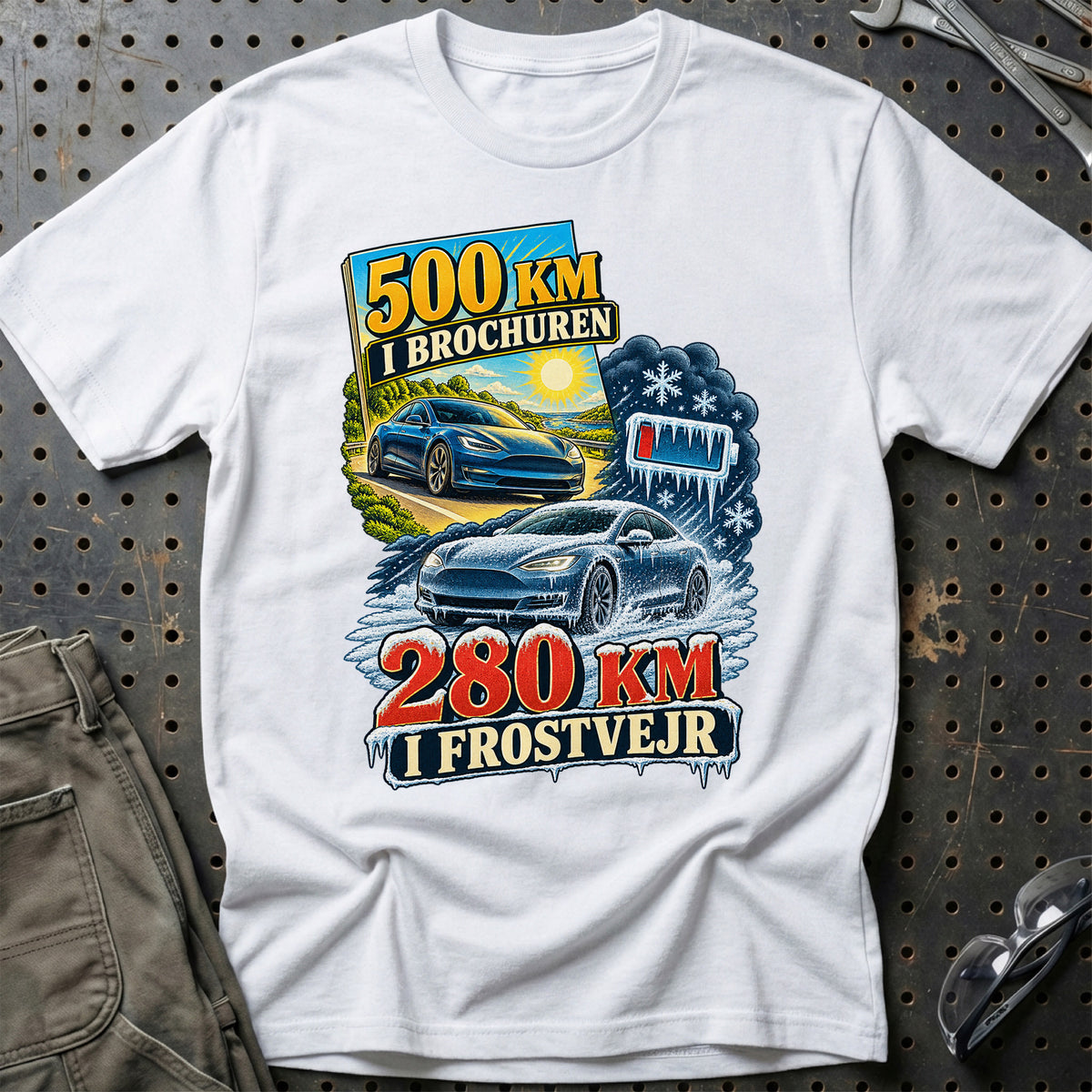 
500 km i brochuren – 280 km i frostvejr – Illustration – Unisex T-Shirt – Hvid