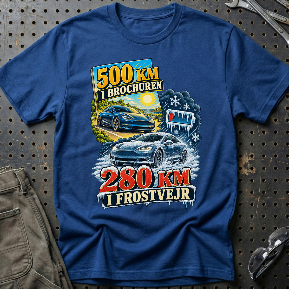 
500 km i brochuren – 280 km i frostvejr – Illustration – Unisex T-Shirt – Blå Royal