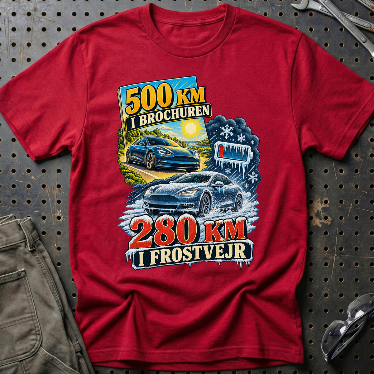 
500 km i brochuren – 280 km i frostvejr – Illustration – Unisex T-Shirt – Rød