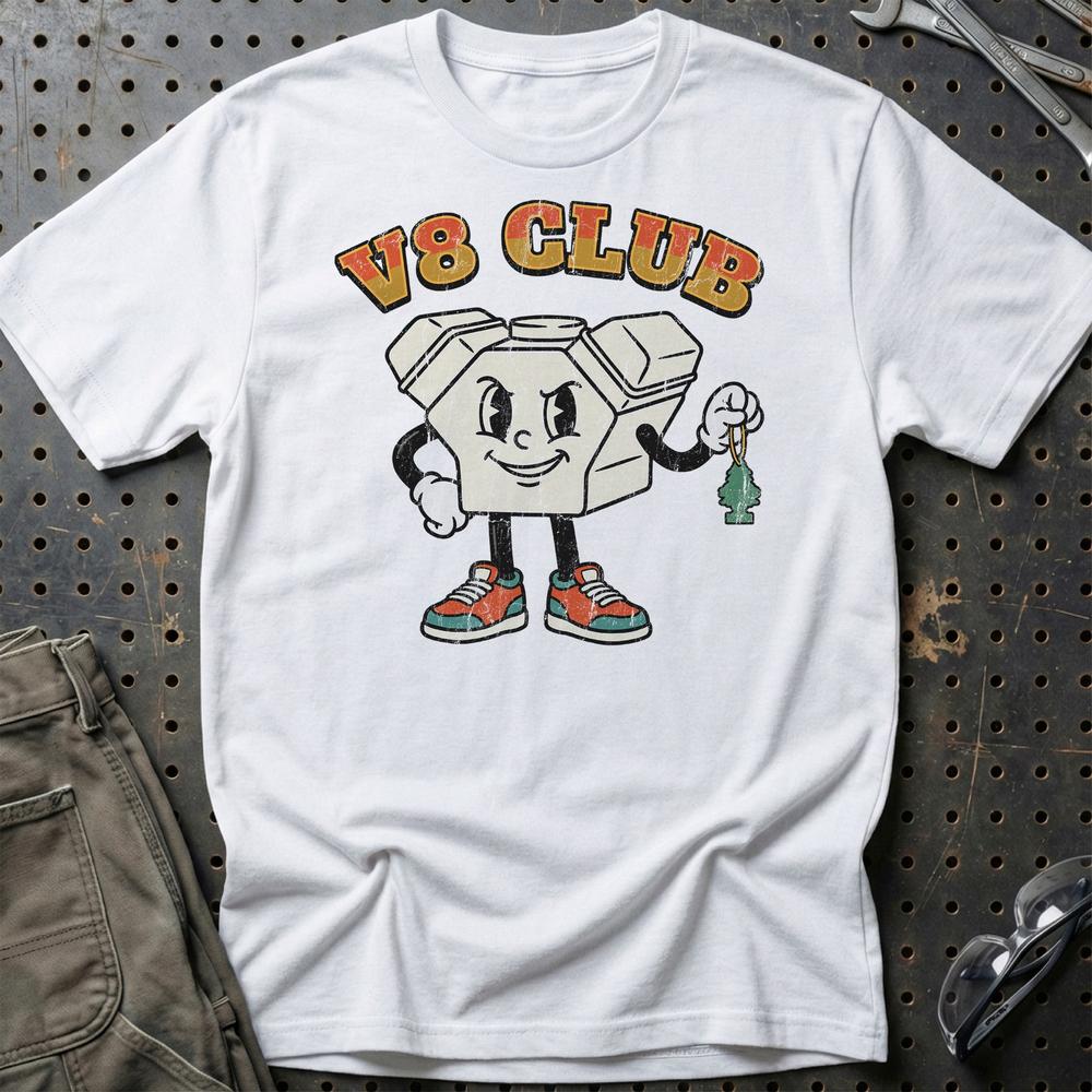8 Club – Oldschool Mascot V8 Engine - Unisex T-Shirt , Bomuld-Beklædning-Garage Culture-Hvid-S-Garage Culture Shop- garage - man cave - merchandise
