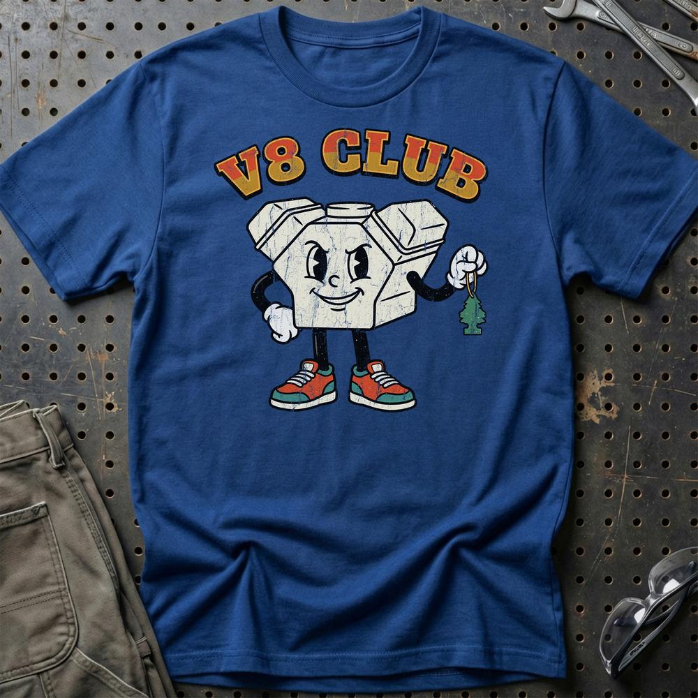 8 Club – Oldschool Mascot V8 Engine - Unisex T-Shirt , Bomuld-Beklædning-Garage Culture-Blå Royal-S-Garage Culture Shop- garage - man cave - merchandise