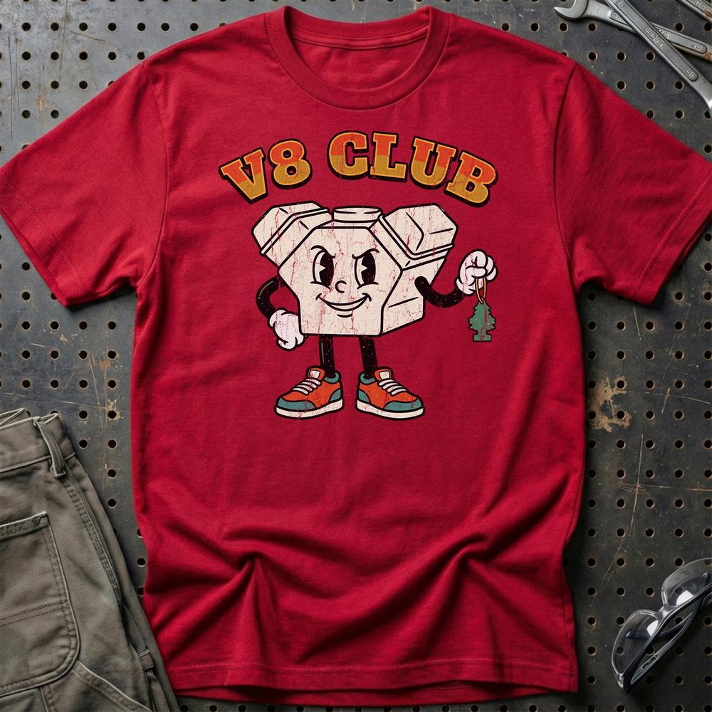 8 Club – Oldschool Mascot V8 Engine - Unisex T-Shirt , Bomuld-Beklædning-Garage Culture-Rød-S-Garage Culture Shop- garage - man cave - merchandise