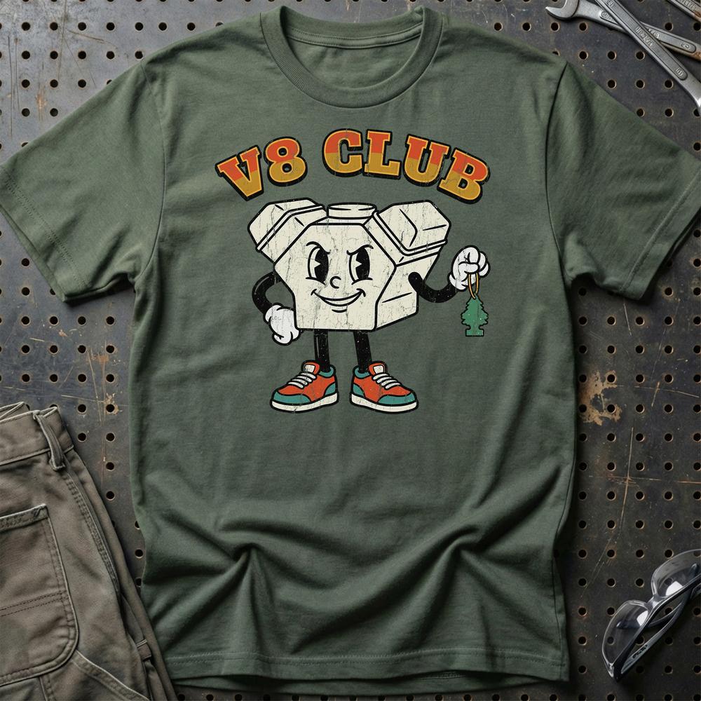 8 Club – Oldschool Mascot V8 Engine - Unisex T-Shirt , Bomuld-Beklædning-Garage Culture-Grøn Militær-S-Garage Culture Shop- garage - man cave - merchandise