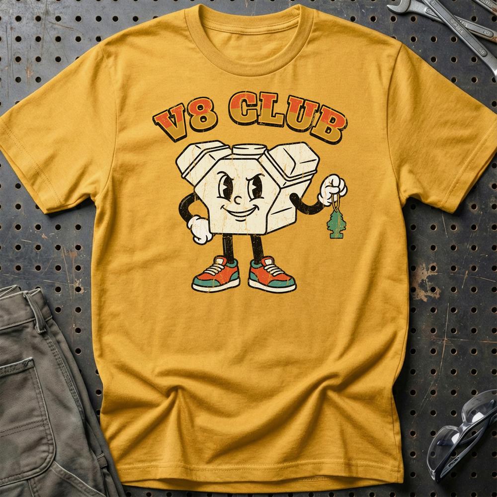 8 Club – Oldschool Mascot V8 Engine - Unisex T-Shirt , Bomuld-Beklædning-Garage Culture-Guld-S-Garage Culture Shop- garage - man cave - merchandise