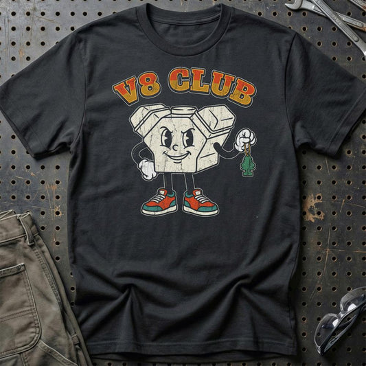8 Club – Oldschool Mascot V8 Engine - Unisex T-Shirt , Bomuld-Beklædning-Garage Culture-Sort-S-Garage Culture Shop- garage - man cave - merchandise
