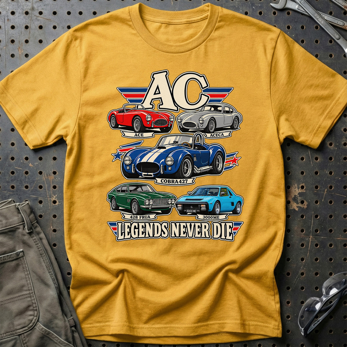 AC Legends Never Die T-Shirt-Beklædning-AC-Guld-S-Garage Culture Shop- garage - man cave - merchandise