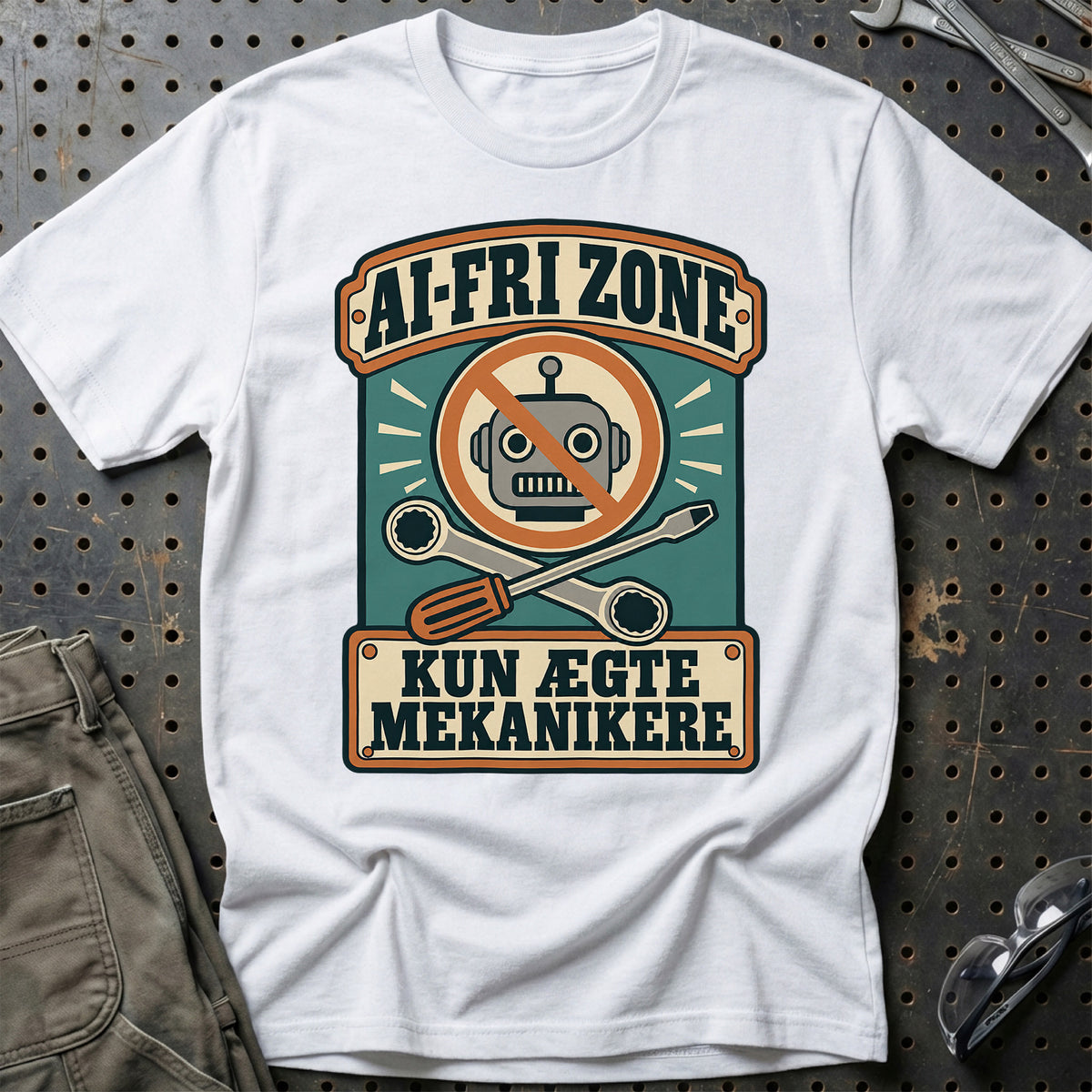 
AI-fri zone – Kun ægte mekanikere T-Shirt – Hvid