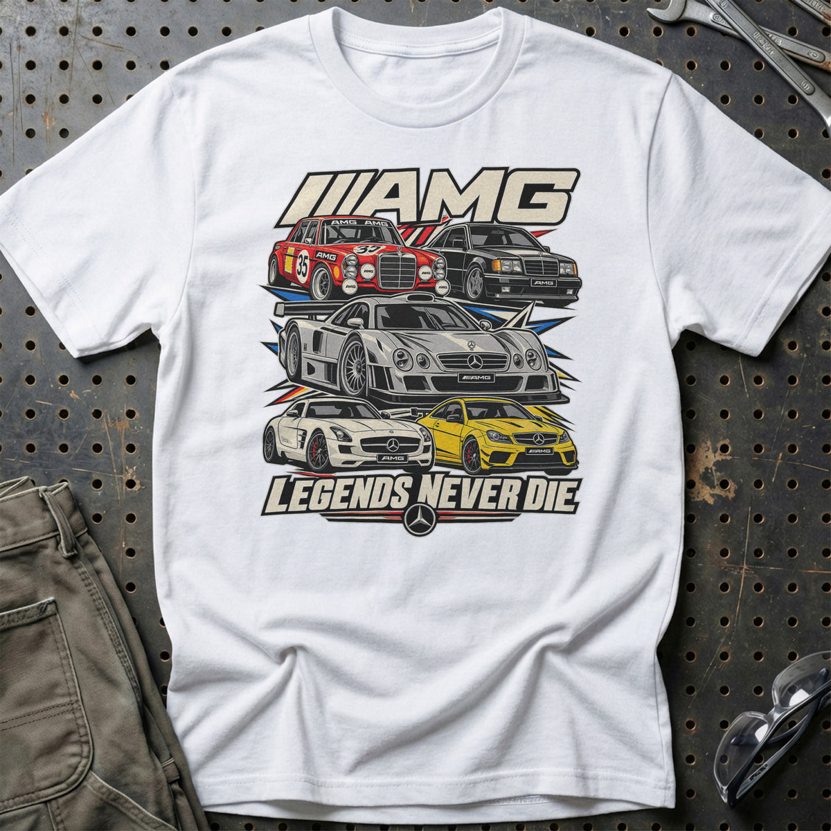 AMG Legends Never Die T-Shirt-Beklædning-AMG-Hvid-S-Garage Culture Shop- garage - man cave - merchandise