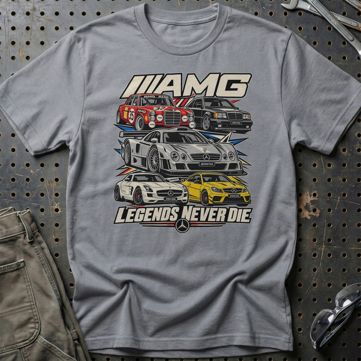 AMG Legends Never Die T-Shirt-Beklædning-AMG-Grå Sport-S-Garage Culture Shop- garage - man cave - merchandise
