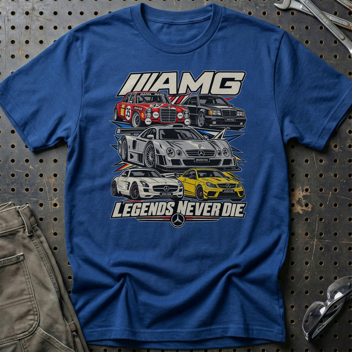 AMG Legends Never Die T-Shirt-Beklædning-AMG-Blå Royal-S-Garage Culture Shop- garage - man cave - merchandise