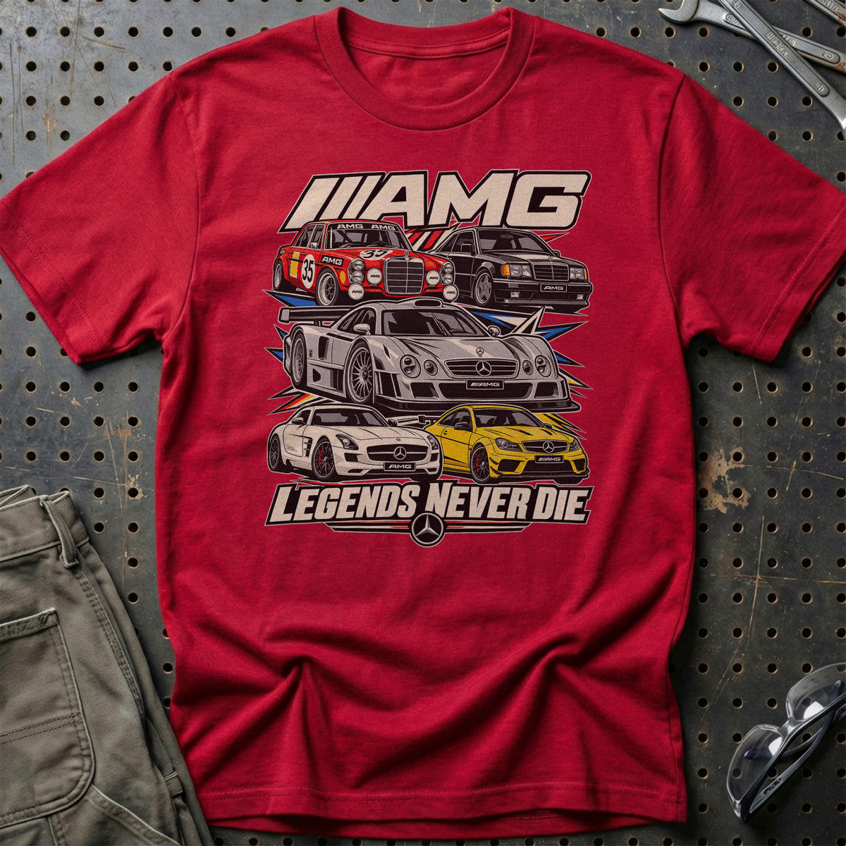 AMG Legends Never Die T-Shirt-Beklædning-AMG-Rød-S-Garage Culture Shop- garage - man cave - merchandise