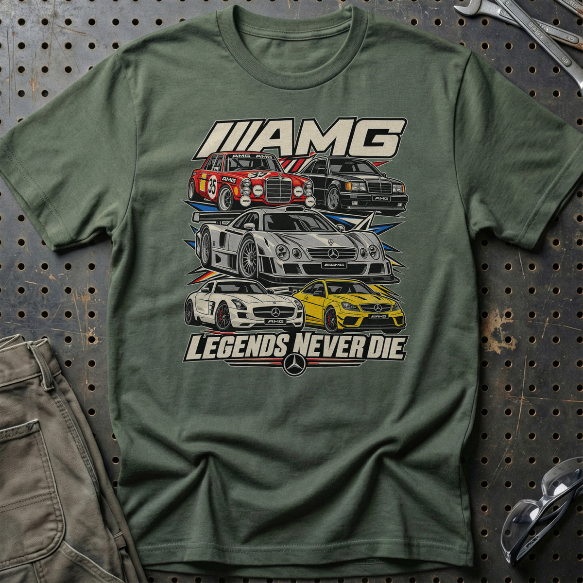 AMG Legends Never Die T-Shirt-Beklædning-AMG-Grøn Militær-S-Garage Culture Shop- garage - man cave - merchandise