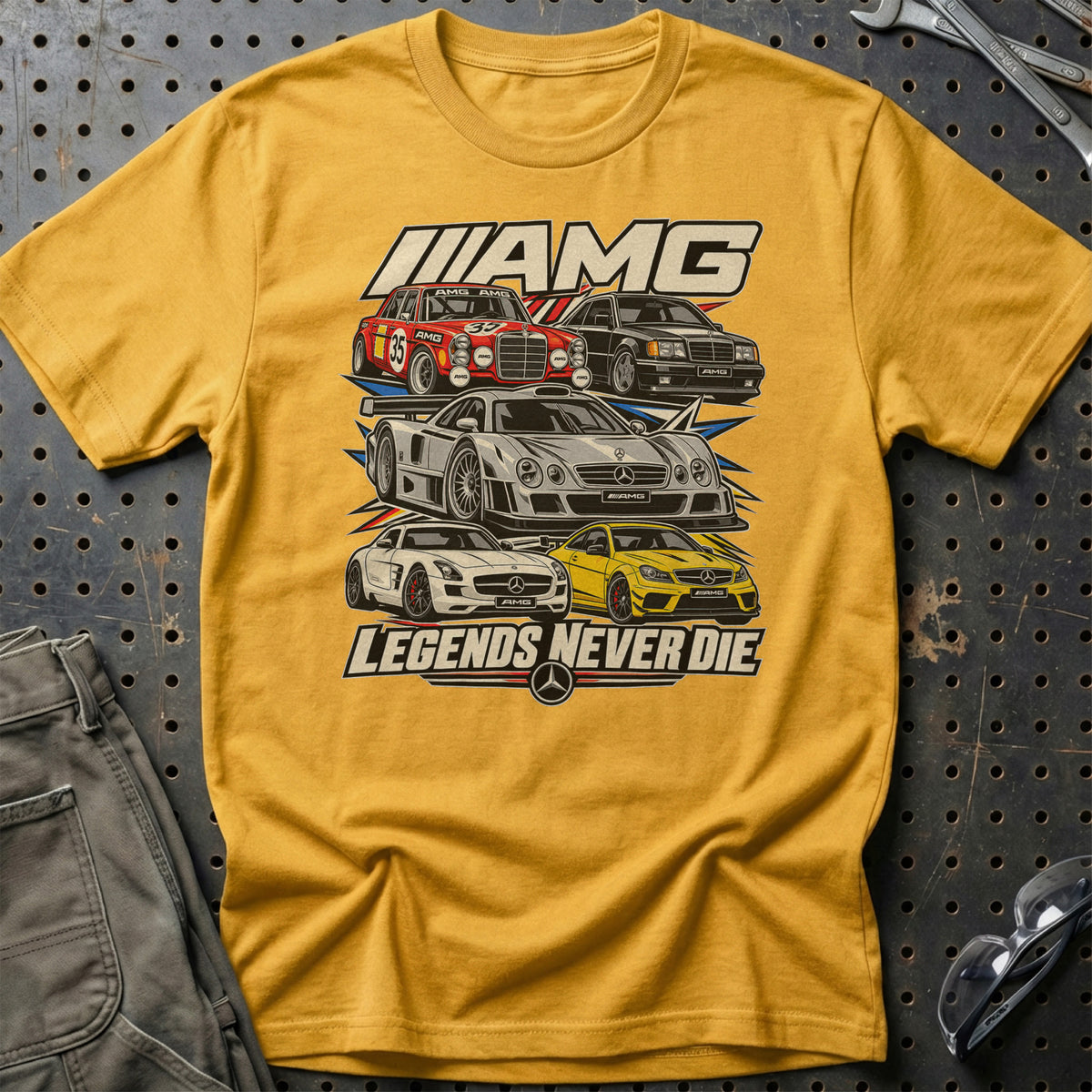 AMG Legends Never Die T-Shirt-Beklædning-AMG-Guld-S-Garage Culture Shop- garage - man cave - merchandise