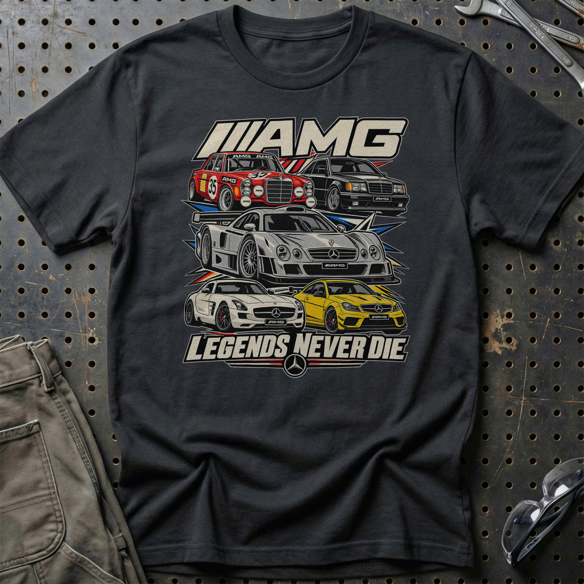 AMG Legends Never Die T-Shirt-Beklædning-AMG-Sort-S-Garage Culture Shop- garage - man cave - merchandise