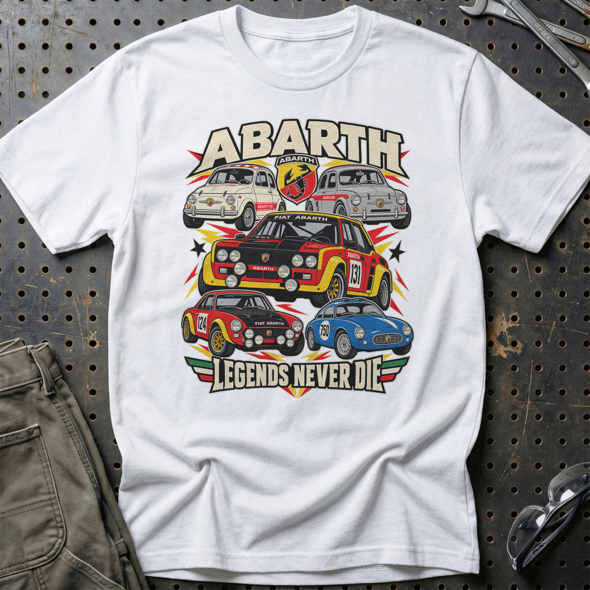 Abarth Legends Never Die T-Shirt-Beklædning-Abarth-Hvid-S-Garage Culture Shop- garage - man cave - merchandise