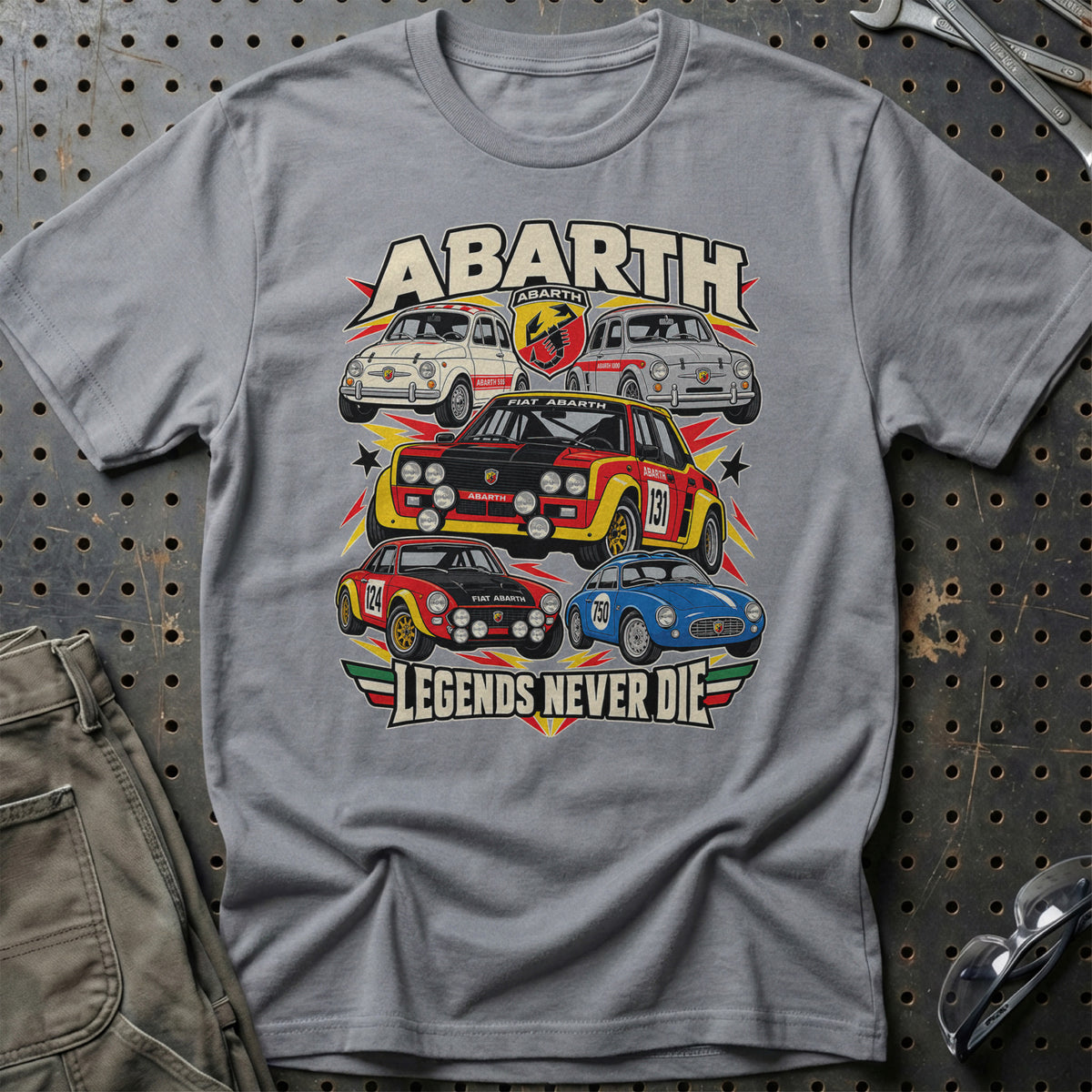 Abarth Legends Never Die T-Shirt-Beklædning-Abarth-Grå Sport-S-Garage Culture Shop- garage - man cave - merchandise