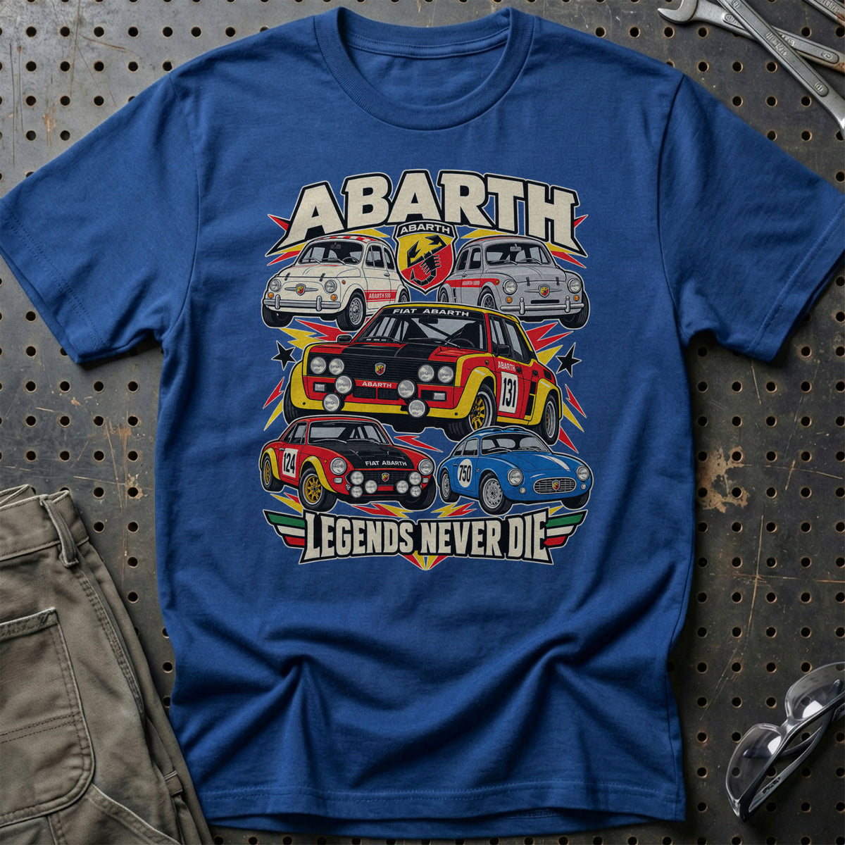 Abarth Legends Never Die T-Shirt-Beklædning-Abarth-Blå Royal-S-Garage Culture Shop- garage - man cave - merchandise