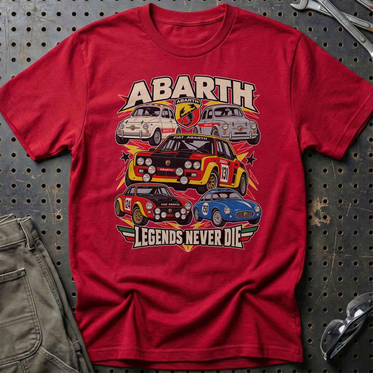 Abarth Legends Never Die T-Shirt-Beklædning-Abarth-Rød-S-Garage Culture Shop- garage - man cave - merchandise