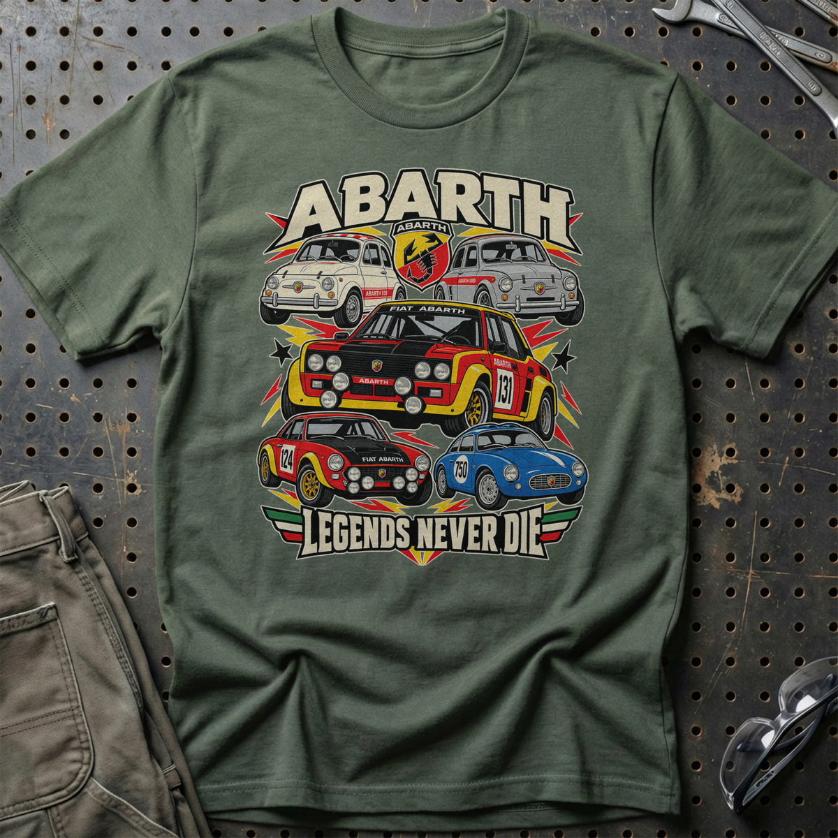 Abarth Legends Never Die T-Shirt-Beklædning-Abarth-Grøn Militær-S-Garage Culture Shop- garage - man cave - merchandise