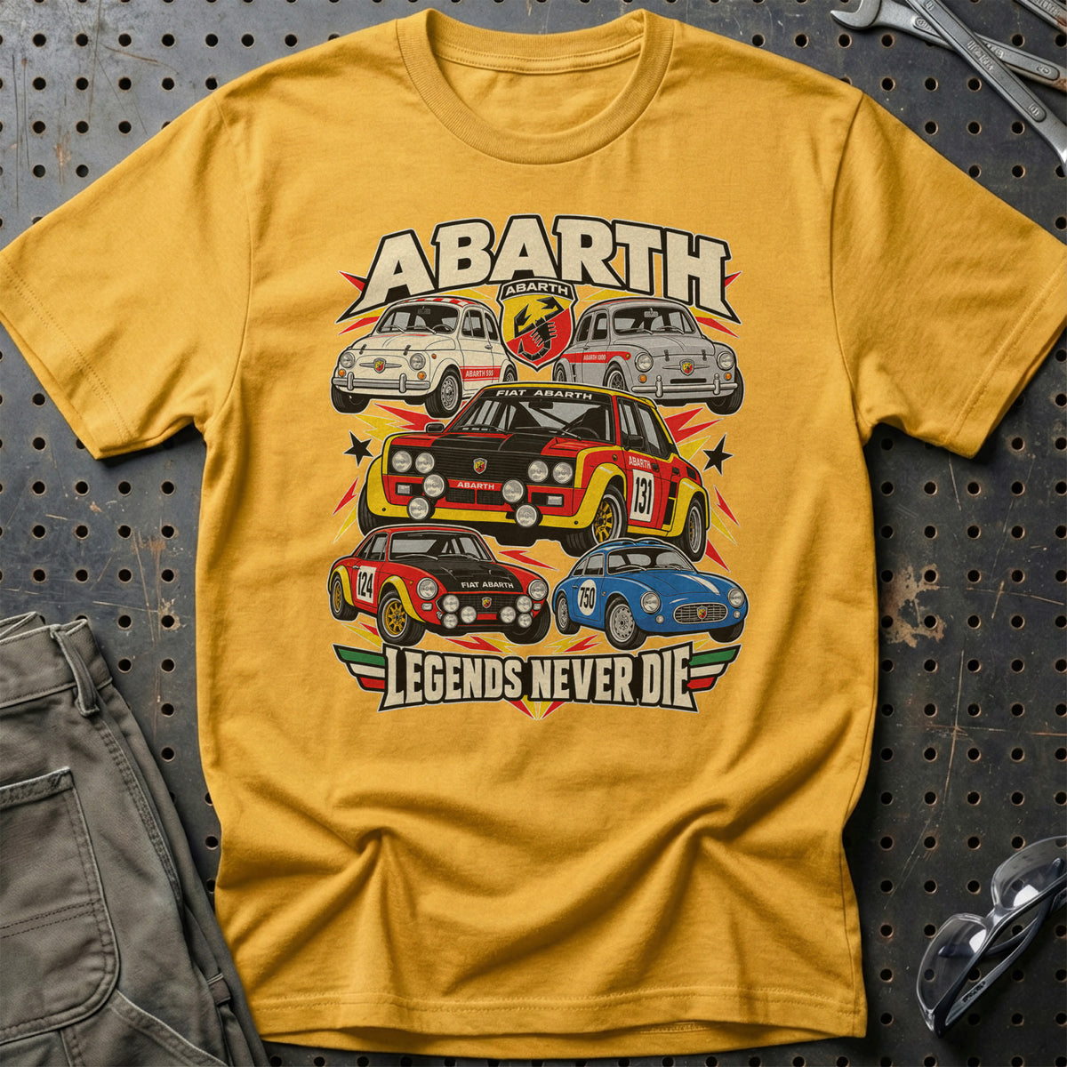 Abarth Legends Never Die T-Shirt-Beklædning-Abarth-Guld-S-Garage Culture Shop- garage - man cave - merchandise