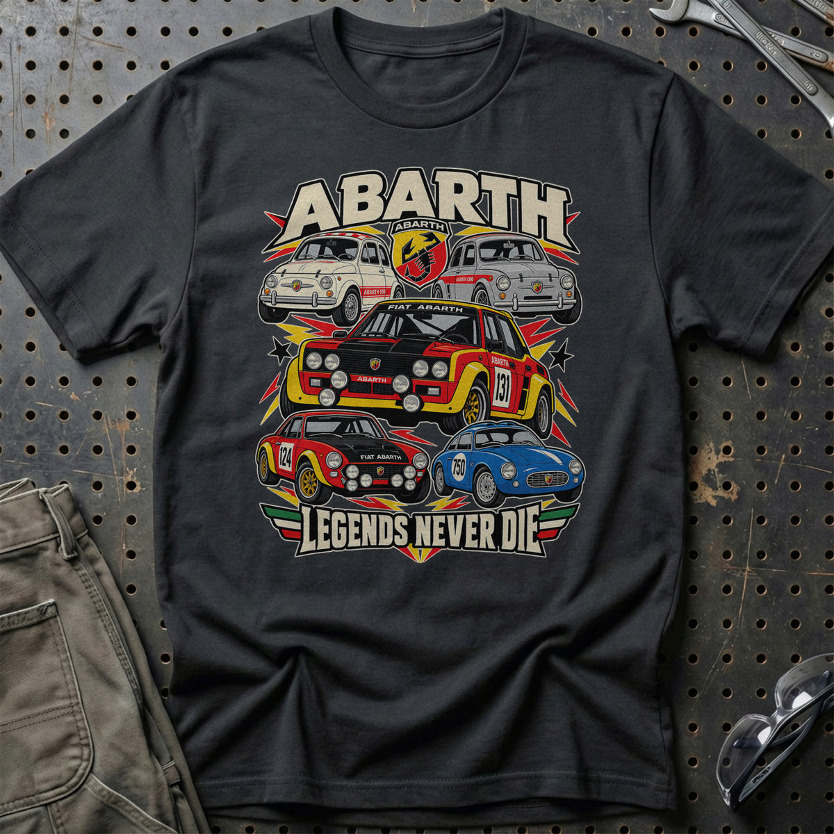 Abarth Legends Never Die T-Shirt-Beklædning-Abarth-Sort-S-Garage Culture Shop- garage - man cave - merchandise