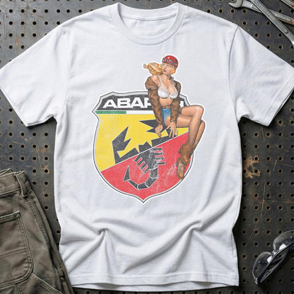 Abarth Pinup - Unisex T-Shirt , Bomuld-Beklædning-Abarth-Hvid-S-Garage Culture Shop- garage - man cave - merchandise