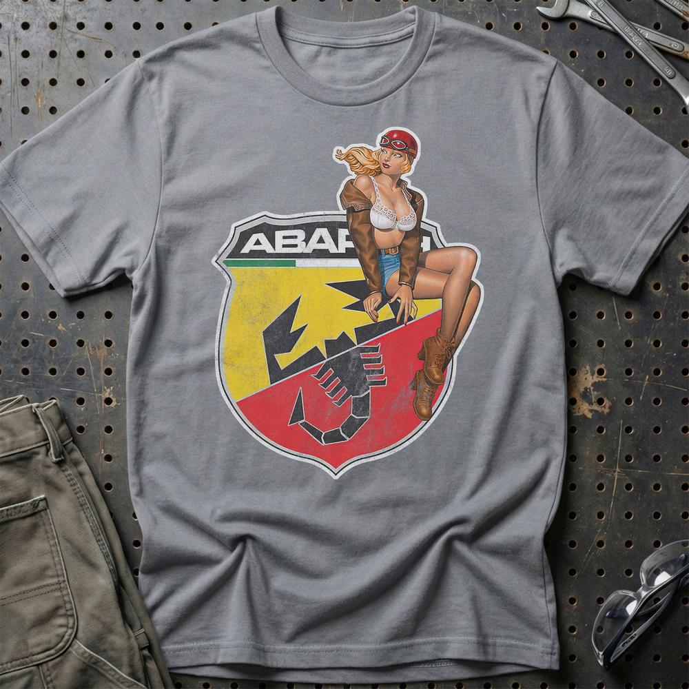 Abarth Pinup - Unisex T-Shirt , Bomuld-Beklædning-Abarth-Grå Sport-S-Garage Culture Shop- garage - man cave - merchandise