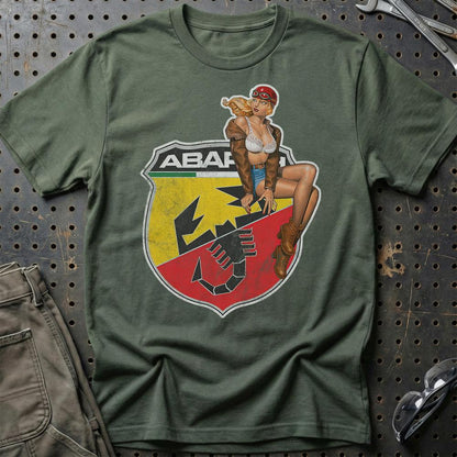 Abarth Pinup - Unisex T-Shirt , Bomuld-Beklædning-Abarth-Grøn Militær-S-Garage Culture Shop- garage - man cave - merchandise