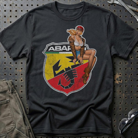 Abarth Pinup - Unisex T-Shirt , Bomuld-Beklædning-Abarth-Sort-S-Garage Culture Shop- garage - man cave - merchandise
