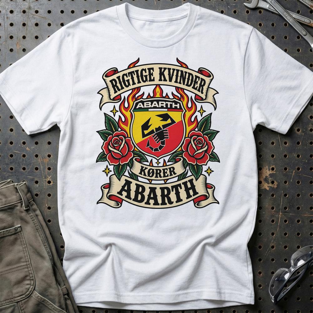 Abarth Rigtige Kvinder Kører – Roser og Flammer T-Shirt-Beklædning-Abarth-Hvid-S-Garage Culture Shop- garage - man cave - merchandise