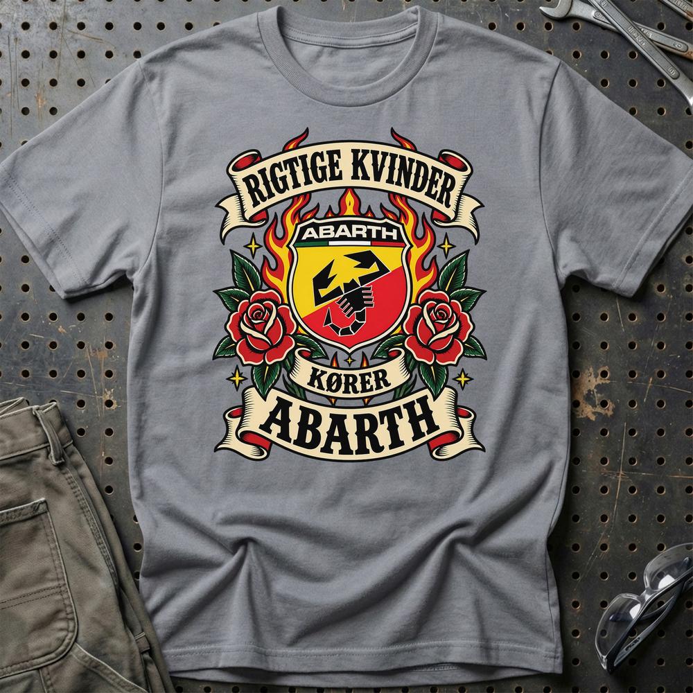 Abarth Rigtige Kvinder Kører – Roser og Flammer T-Shirt-Beklædning-Abarth-Grå Sport-S-Garage Culture Shop- garage - man cave - merchandise