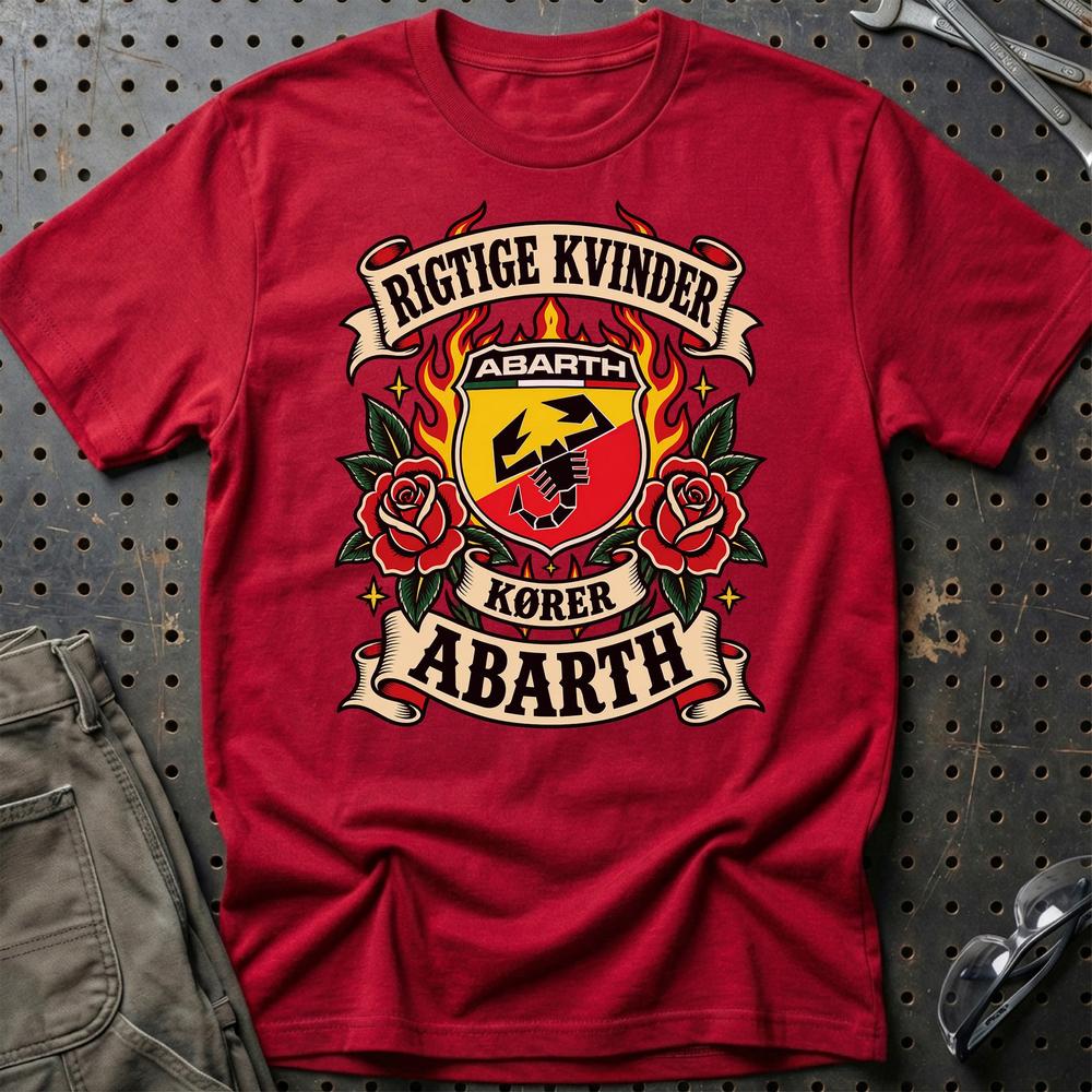 Abarth Rigtige Kvinder Kører – Roser og Flammer T-Shirt-Beklædning-Abarth-Rød-S-Garage Culture Shop- garage - man cave - merchandise