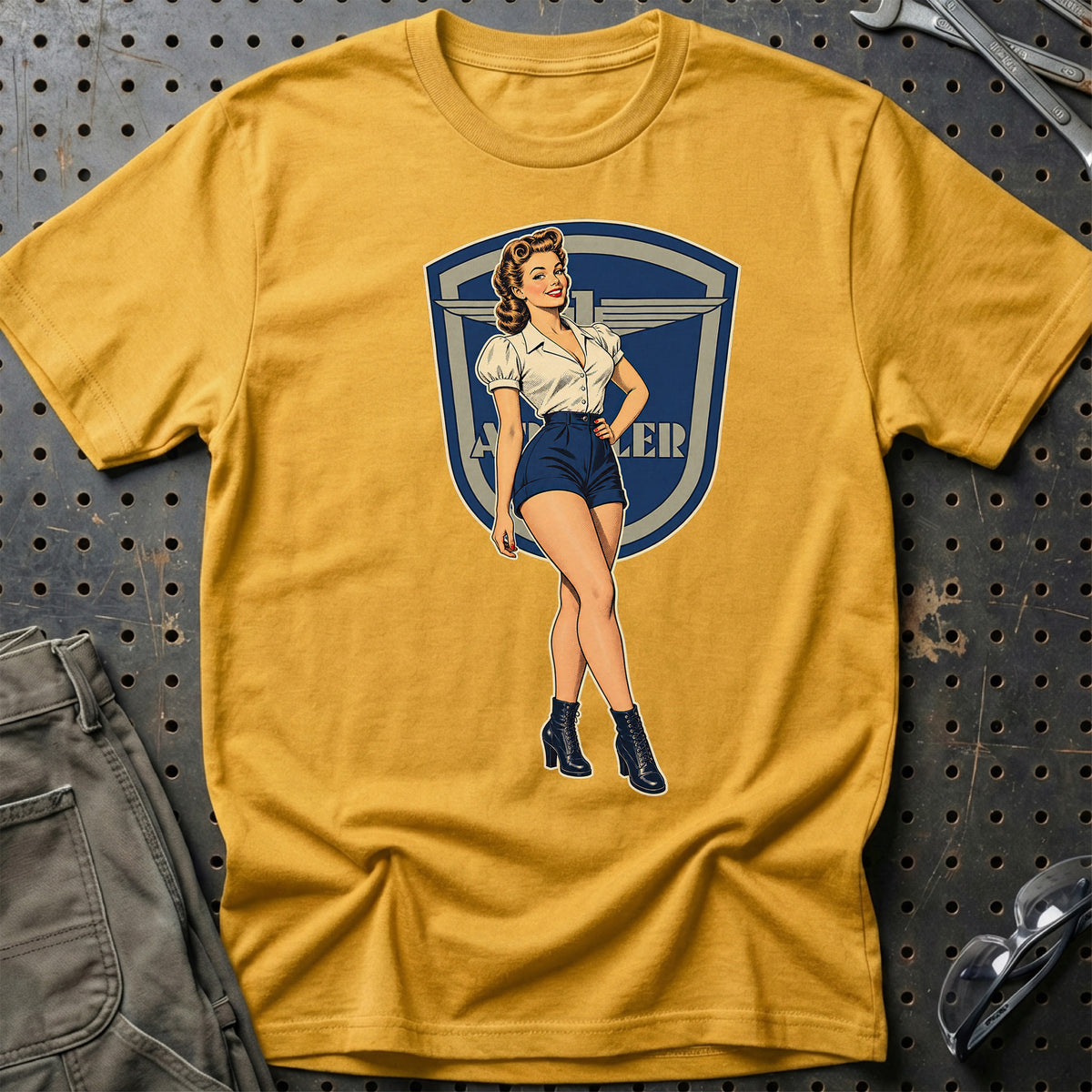 Adler Retro Pinup T-Shirt-Beklædning-Adler-Guld-S-Garage Culture Shop- garage - man cave - merchandise