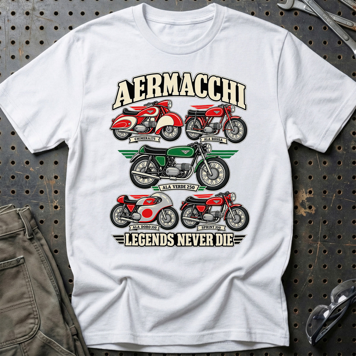 Aermacchi Legends Never Die T-Shirt-Beklædning-Aermacchi-Hvid-S-Garage Culture Shop- garage - man cave - merchandise