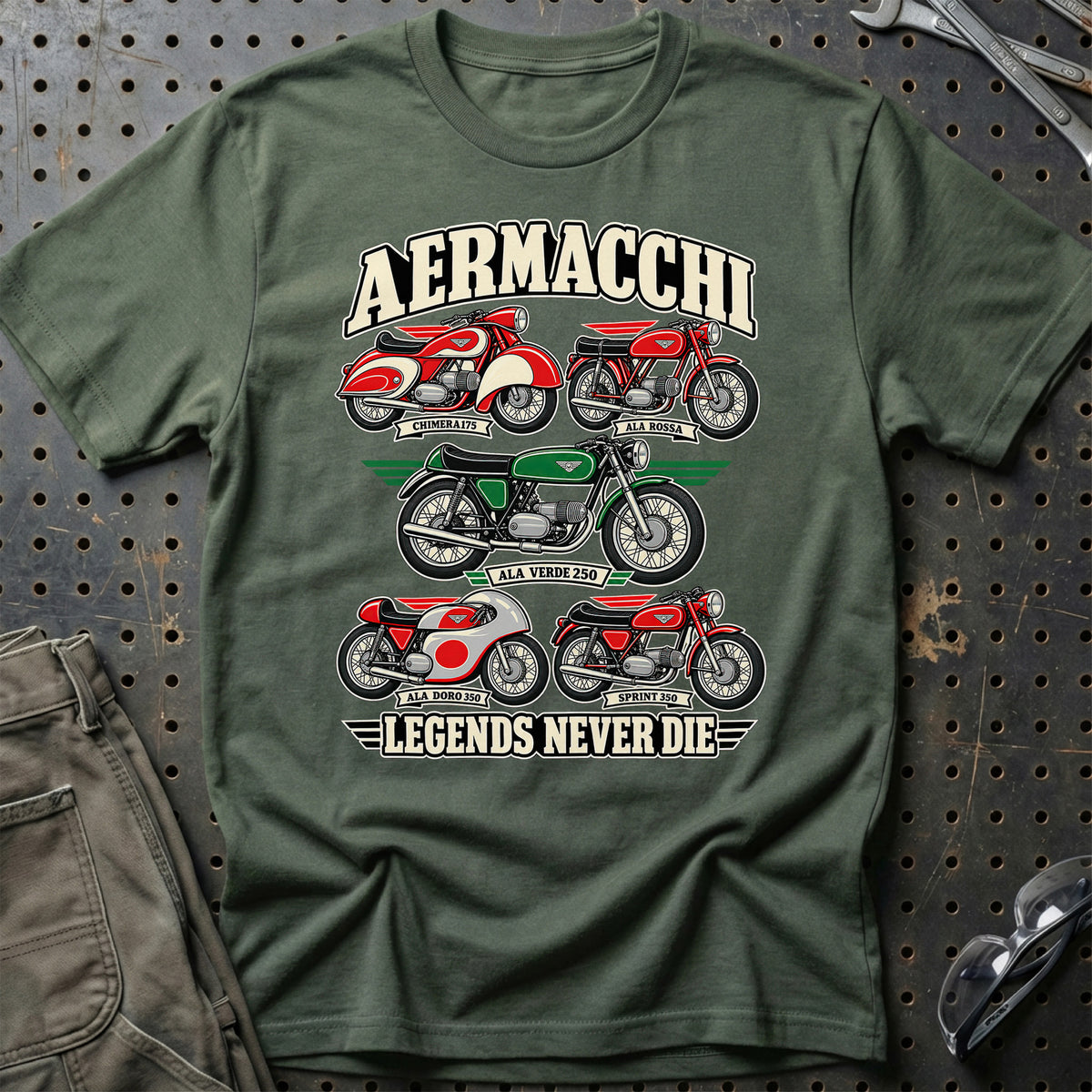 Aermacchi Legends Never Die T-Shirt-Beklædning-Aermacchi-Grøn Militær-S-Garage Culture Shop- garage - man cave - merchandise