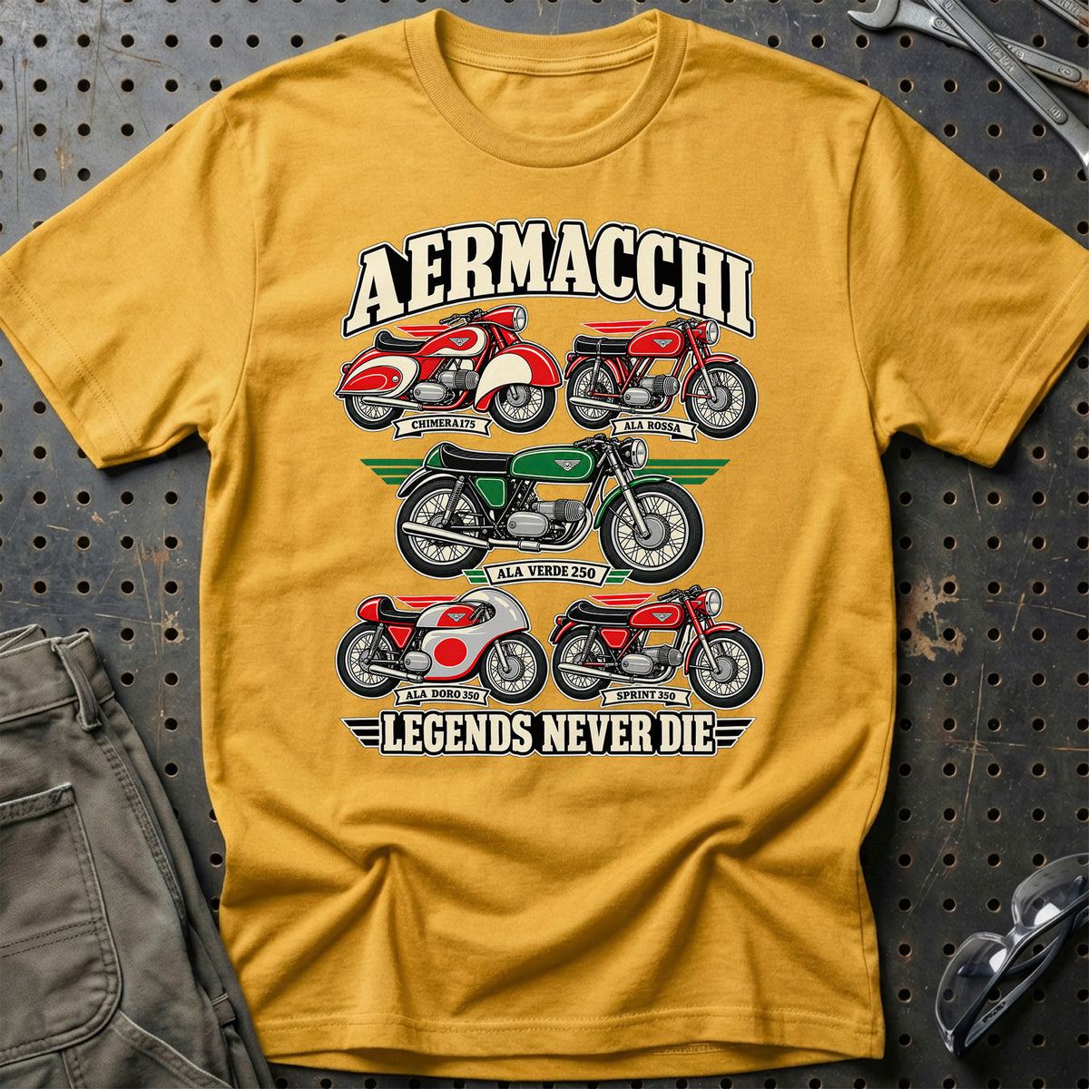 Aermacchi Legends Never Die T-Shirt-Beklædning-Aermacchi-Guld-S-Garage Culture Shop- garage - man cave - merchandise