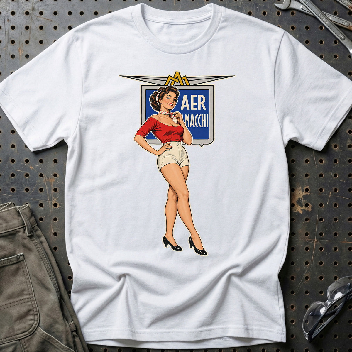 Aermacchi Retro Pinup T-Shirt-Beklædning-Aermacchi-Hvid-S-Garage Culture Shop- garage - man cave - merchandise