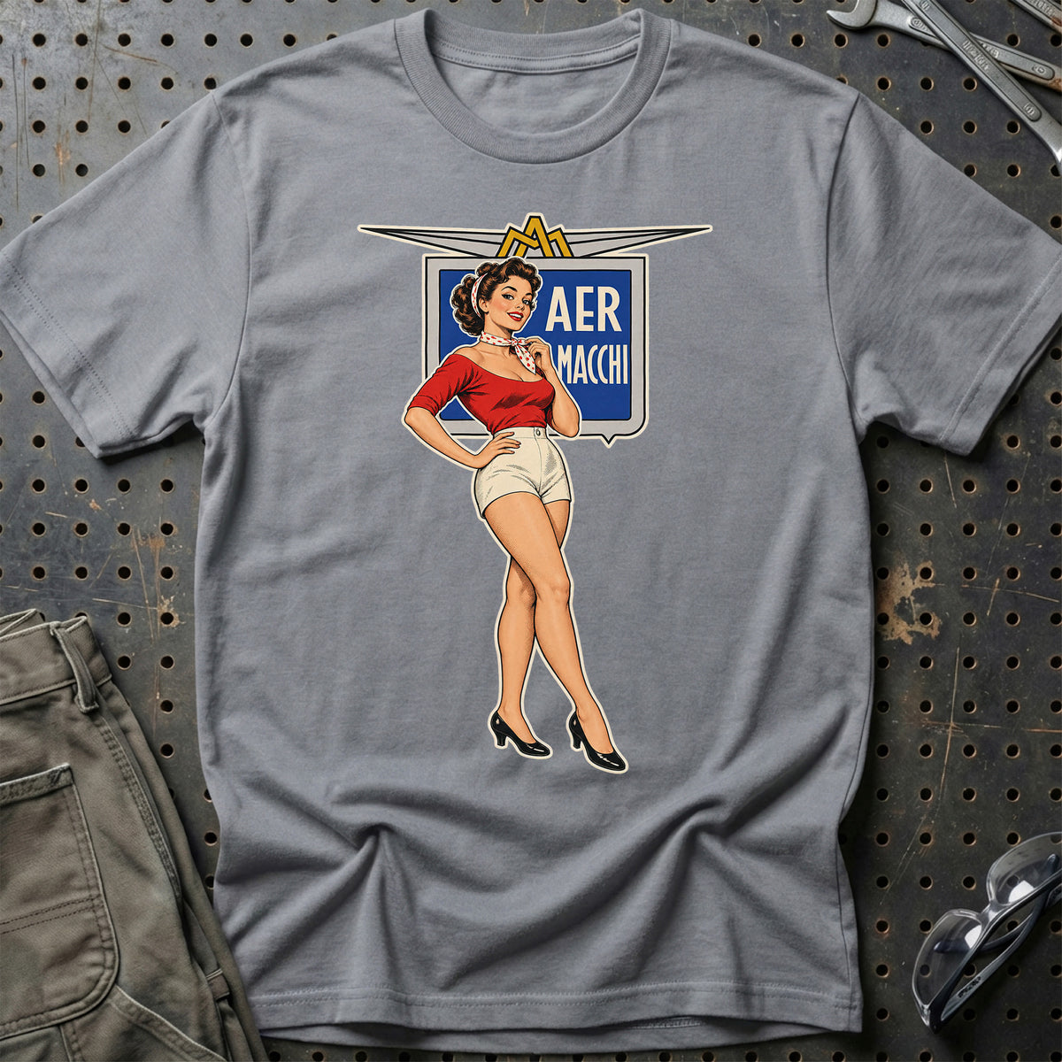 Aermacchi Retro Pinup T-Shirt-Beklædning-Aermacchi-Grå Sport-S-Garage Culture Shop- garage - man cave - merchandise