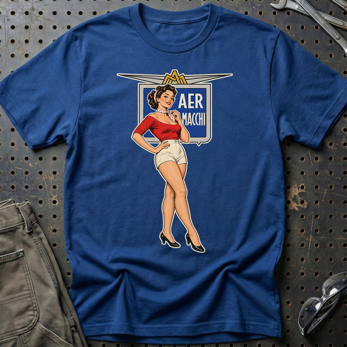 Aermacchi Retro Pinup T-Shirt-Beklædning-Aermacchi-Blå Royal-S-Garage Culture Shop- garage - man cave - merchandise