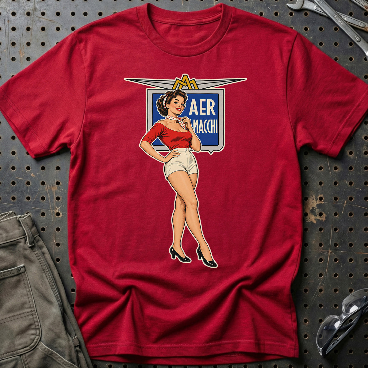 Aermacchi Retro Pinup T-Shirt-Beklædning-Aermacchi-Rød-S-Garage Culture Shop- garage - man cave - merchandise
