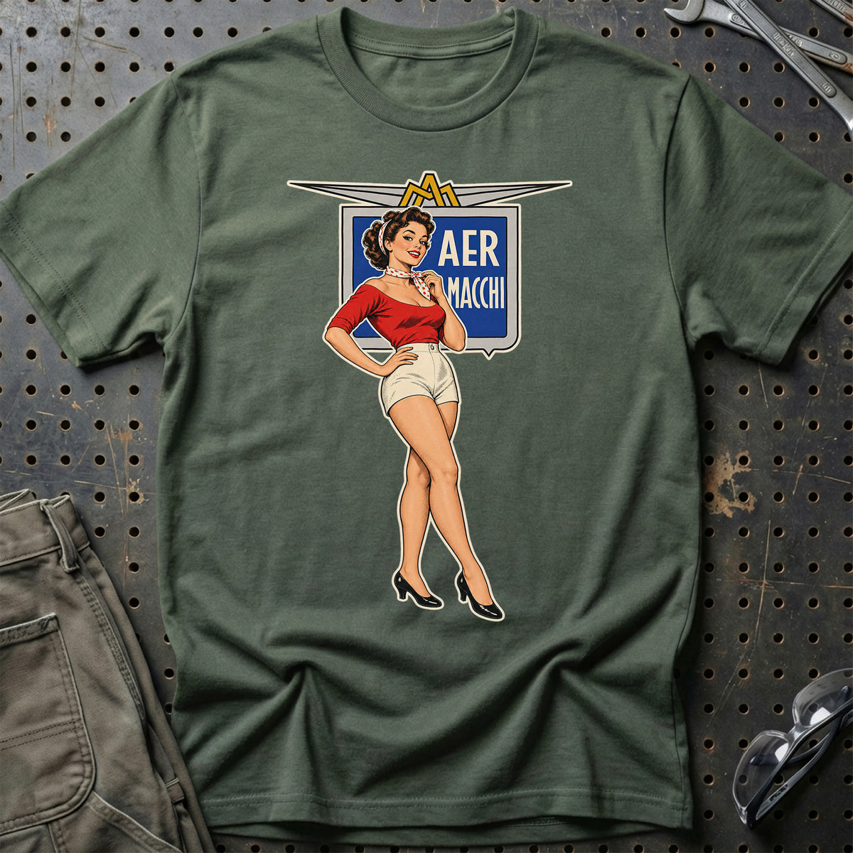 Aermacchi Retro Pinup T-Shirt-Beklædning-Aermacchi-Grøn Militær-S-Garage Culture Shop- garage - man cave - merchandise