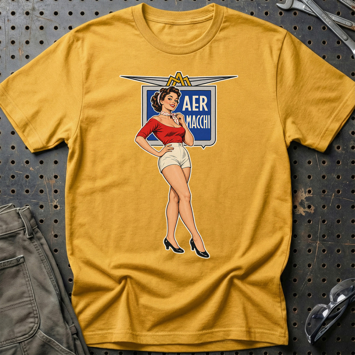 Aermacchi Retro Pinup T-Shirt-Beklædning-Aermacchi-Guld-S-Garage Culture Shop- garage - man cave - merchandise